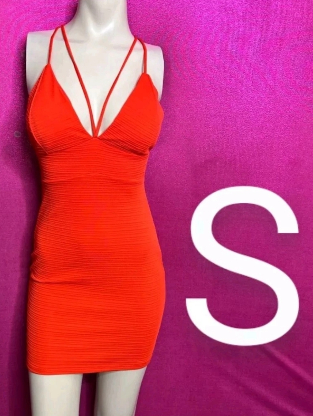 🆕Bright Red Orange Cami Strap Detail Mini Bodycon Dress  Size S